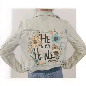 Hand Painted Floral Denim Jacket Size Small Christian Theme